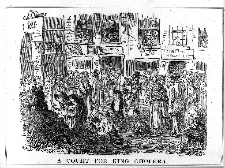 ロンドンの貧民街とコレラ流行を描いた風刺画（1852年）