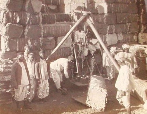 ボンベイの綿花俵を計量する作業（1908年）